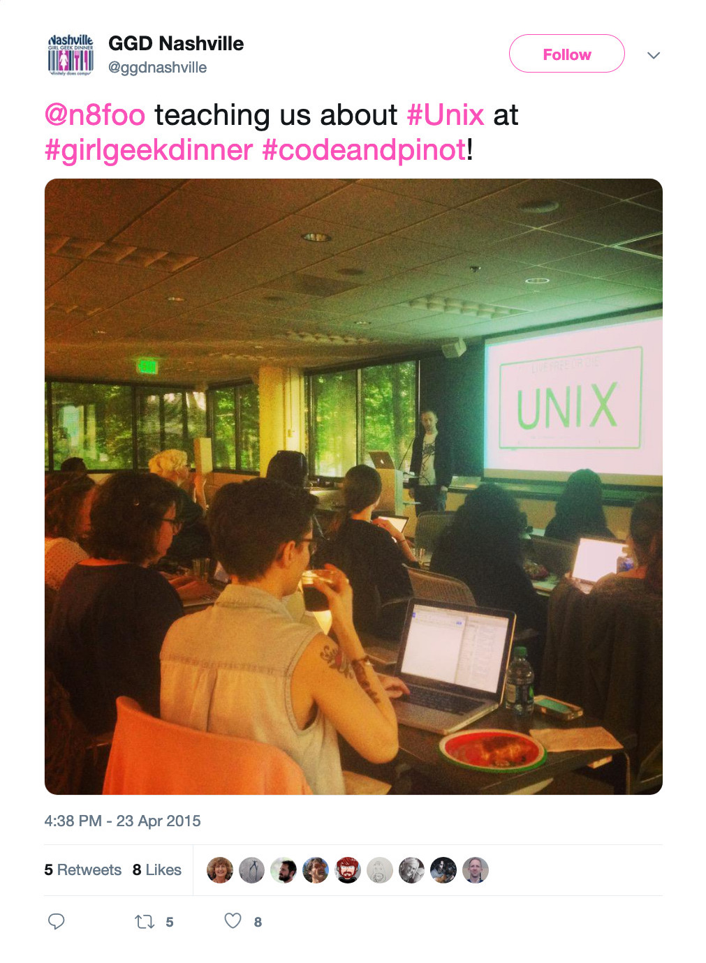 @n8foo teaching us about #Unix at #geekgirldinner #codeandpinot!